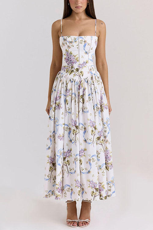 Meridress Spaghetti Strap Floral Print Bustier A-line Maxi Dress