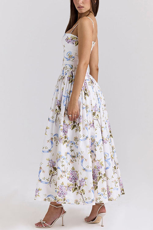 Meridress Spaghetti Strap Floral Print Bustier A-line Maxi Dress