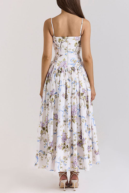 Meridress Spaghetti Strap Floral Print Bustier A-line Maxi Dress