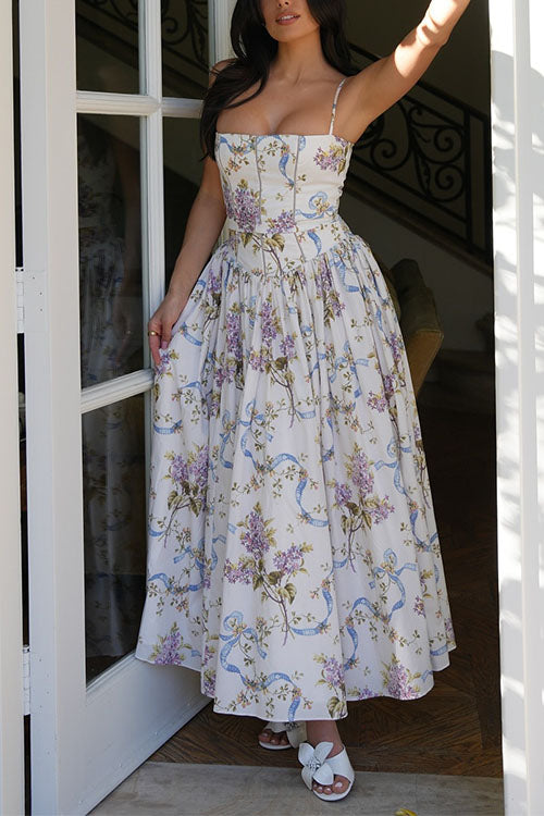 Meridress Spaghetti Strap Floral Print Bustier A-line Maxi Dress