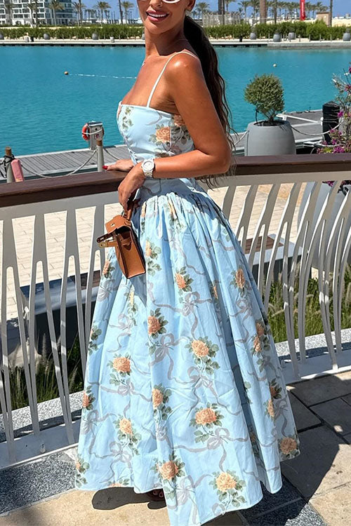 Meridress Spaghetti Strap Waisted Floral Print A-line Maxi Dress
