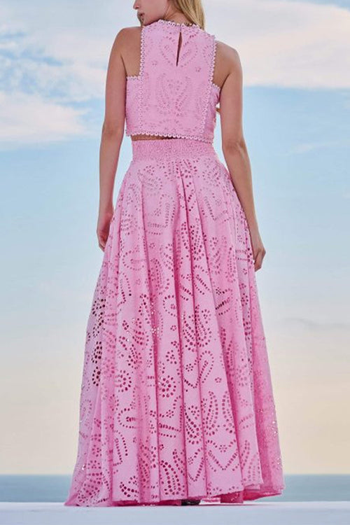 Meridress Lace Hollow Out Crewneck Crop Tank Top High Waist Maxi Swing Skirt Set