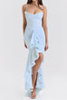 Meridress Spaghetti Strap Frill Trim Draped Slit Maxi Dress