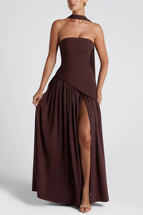 Meridress Strapless Back Lace-up High Slit Splice Maxi Dress