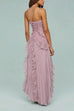 Meridress Strappy Halter Neck Ruffle Trim Asymmetric Hem Pleated Maxi Dress