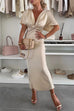 Meridress V Neck Twist Front Waisted Satin Midi Dress