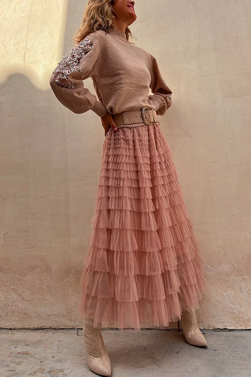 Meridress Tulle Layered Ruffle Mesh Maxi Skirt