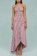 Meridress Strappy Halter Neck Ruffle Trim Asymmetric Hem Pleated Maxi Dress