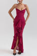 Meridress Spaghetti Strap Frill Trim Draped Slit Maxi Dress