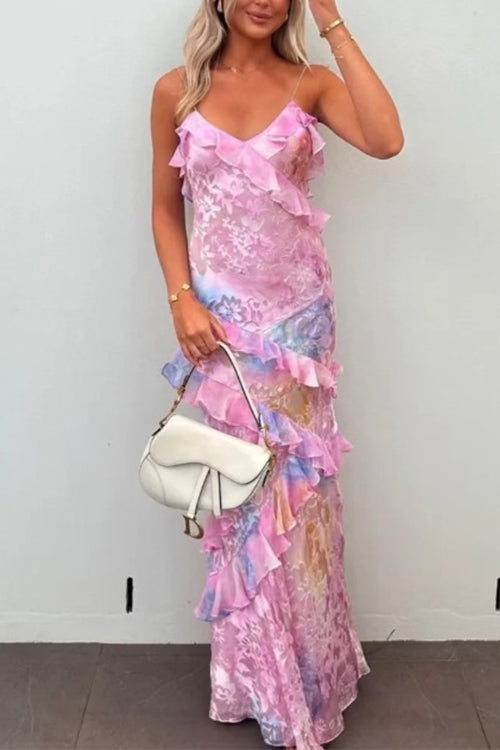 Meridress Spaghetti Strap Backless Ruffle Trim Printed Maxi Dress