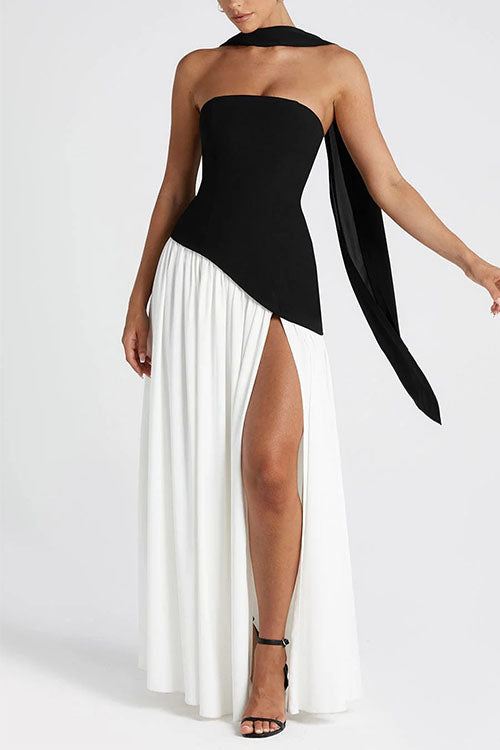 Meridress Strapless Back Lace-up High Slit Splice Maxi Dress