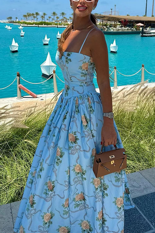 Meridress Spaghetti Strap Waisted Floral Print A-line Maxi Dress