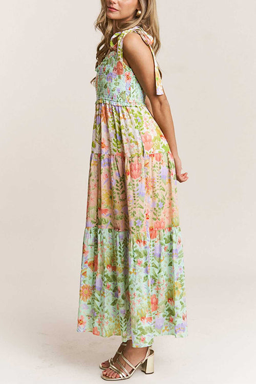 Meridress V Neck Bow Shoulder Tiered Floral Print Maxi Dress