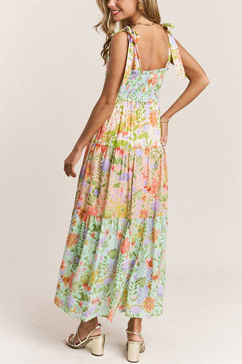 Meridress V Neck Bow Shoulder Tiered Floral Print Maxi Dress