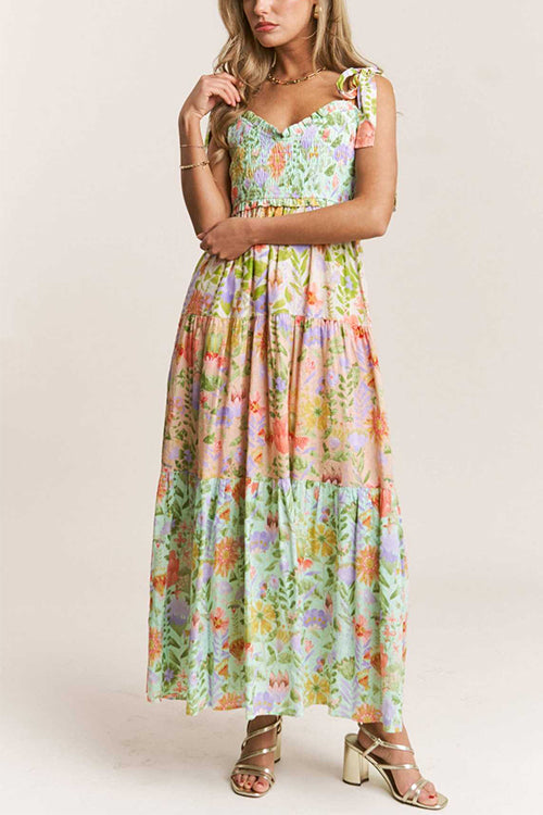 Meridress V Neck Bow Shoulder Tiered Floral Print Maxi Dress