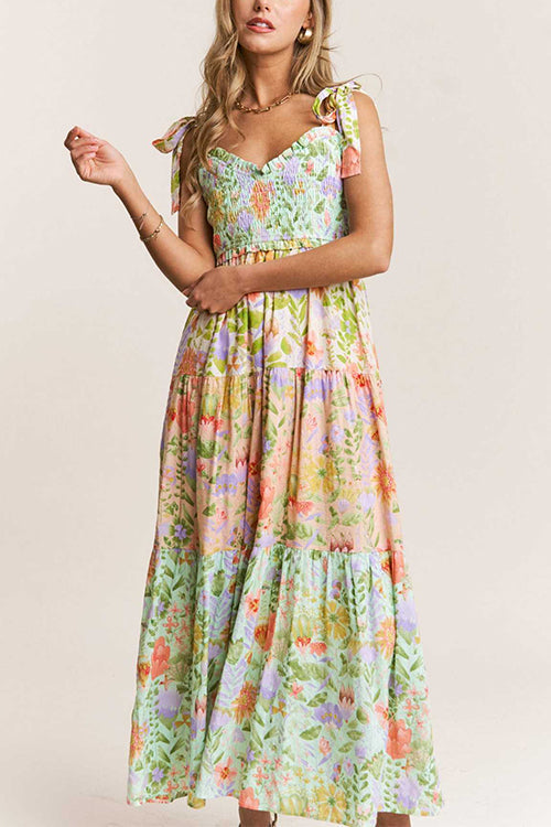 Meridress V Neck Bow Shoulder Tiered Floral Print Maxi Dress