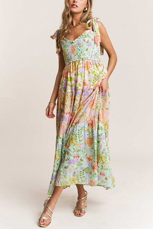 Meridress V Neck Bow Shoulder Tiered Floral Print Maxi Dress