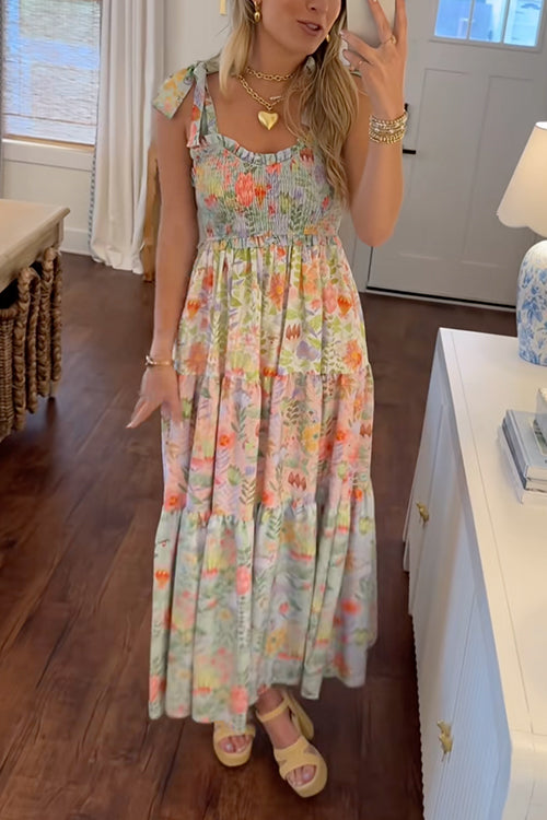 Meridress V Neck Bow Shoulder Tiered Floral Print Maxi Dress