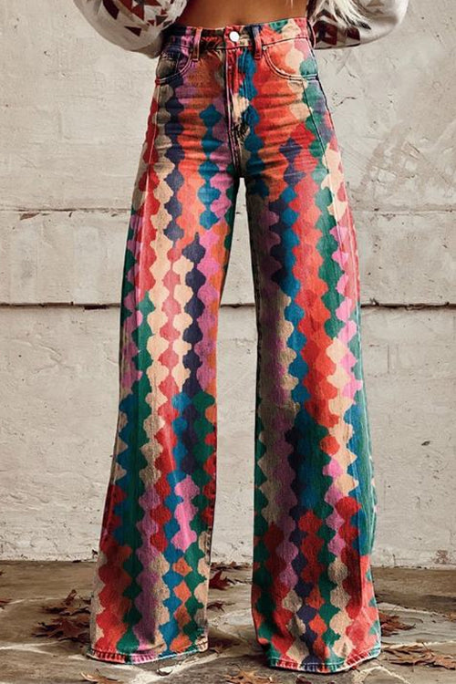Meridress High Rise Color Block Printed Wide Leg Pants