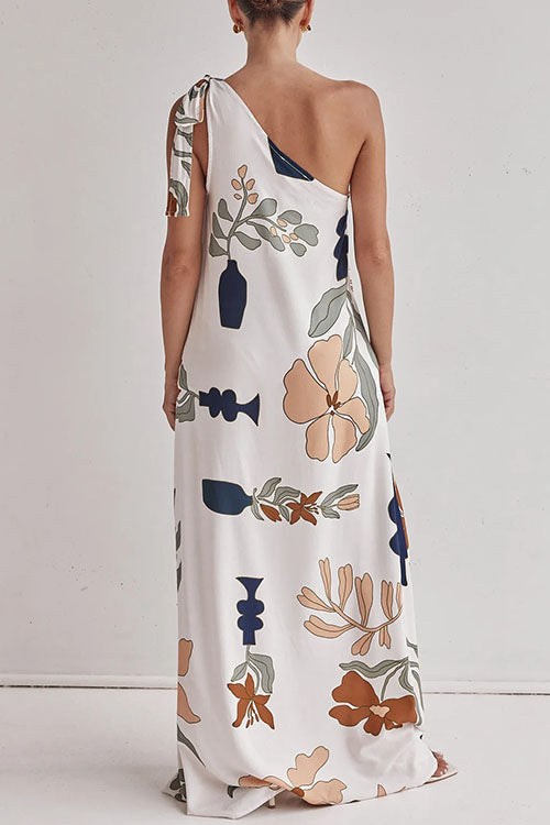 Meridress Tie Knot One Shoulder Floral Print Maxi Dress