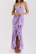 Meridress Spaghetti Strap Frill Trim Draped Slit Maxi Dress