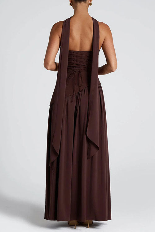 Meridress Strapless Back Lace-up High Slit Splice Maxi Dress