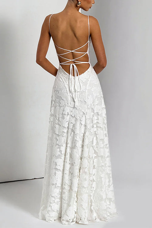Meridress Spaghetti Strap Backless Lace-up Jacquard Maxi Dress