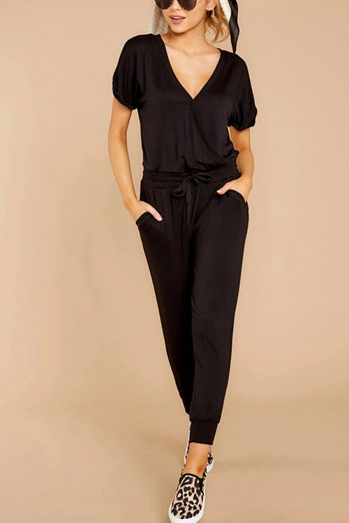 Meridress V Neck Short Sleeve Drawstring Jumpsuit with Pockets