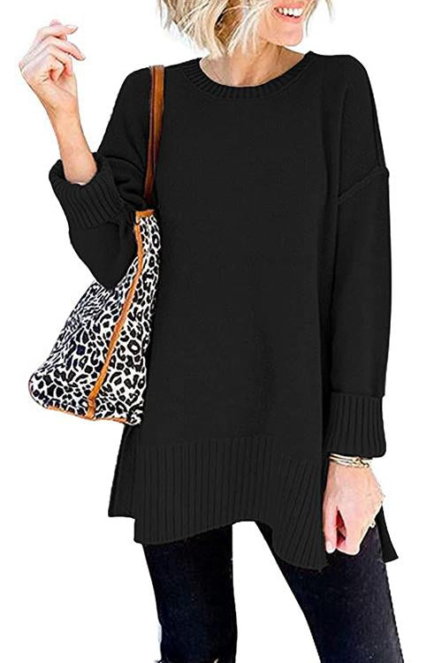 Meridress Side Split Ribbed Trim Loose Mid Sweater