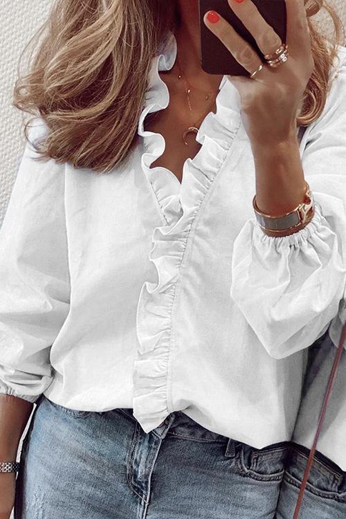 Meridress Scallop Deep V Neck Long Sleeve Shirt