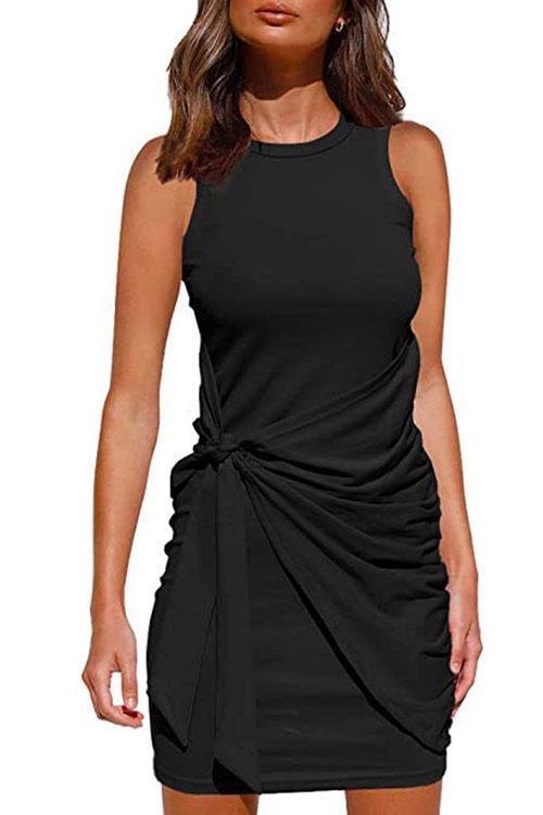 Meridress Crewneck Knot Front Ruched Sleeveless Dress