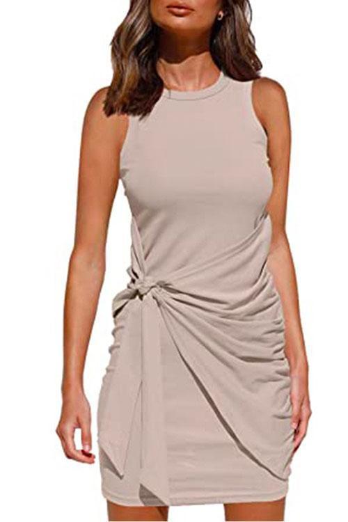 Meridress Crewneck Knot Front Ruched Sleeveless Dress