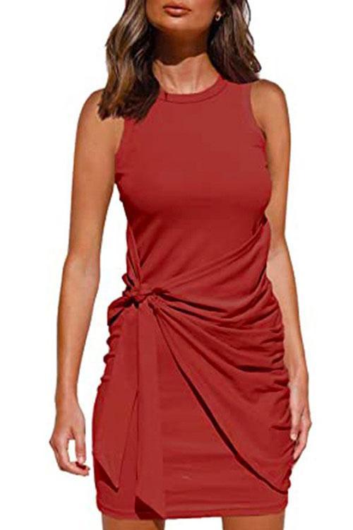 Meridress Crewneck Knot Front Ruched Sleeveless Dress