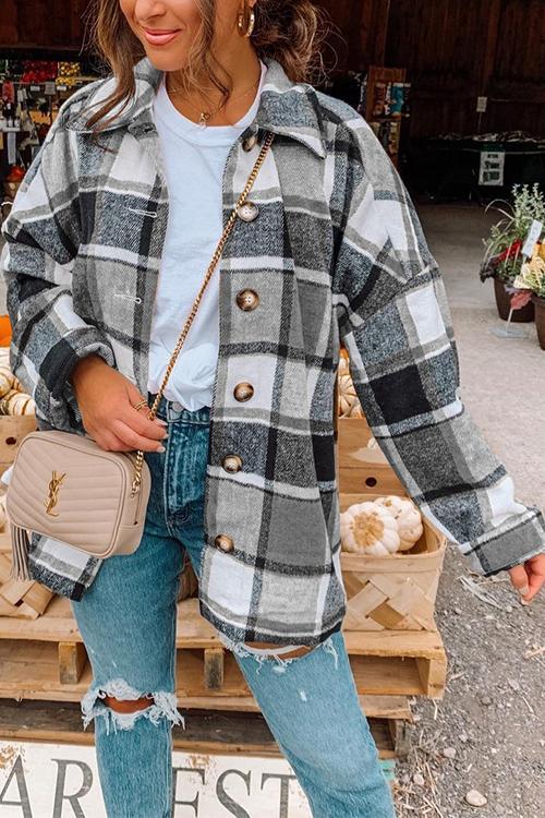 Meridress Classic Lapel Button Down Plaid Outwear