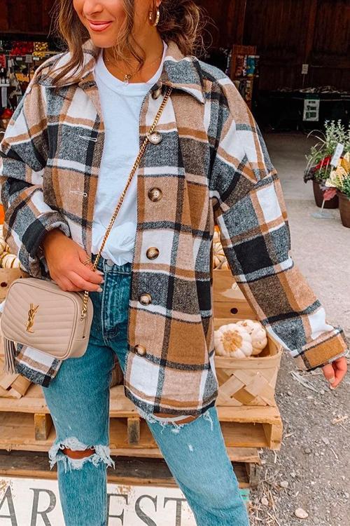 Meridress Classic Lapel Button Down Plaid Outwear