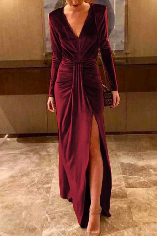 Meridress Deep V Neck Slit Ruched Velvet Party Dress(5 Colors Available)