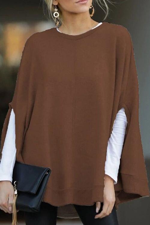 Meridress Solid Crewneck Batwing Sleeve Cloak Pullovers