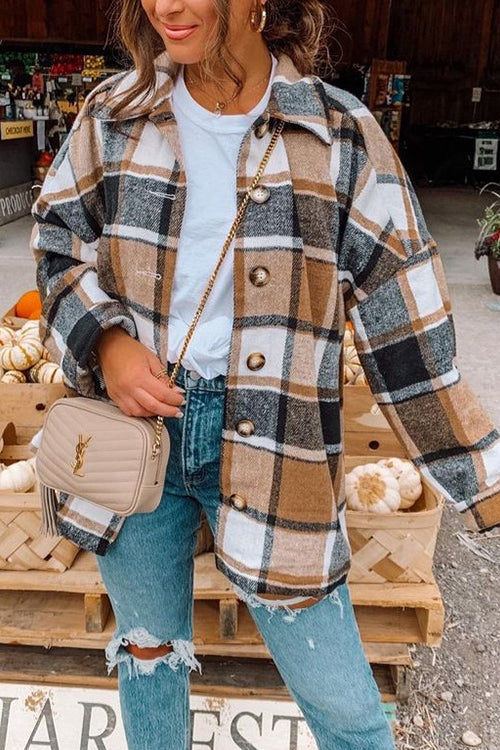 Meridress Drop Shoulder Button Up Plaid Shirt Coat