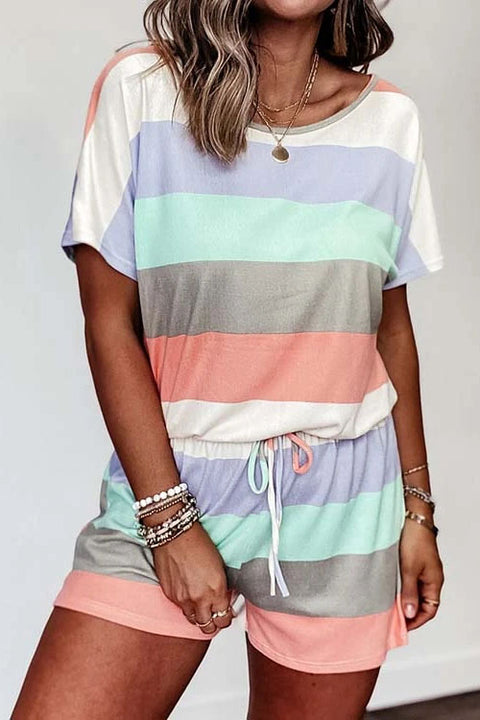 Meridress Striped Color Block Short Sleeves Drawstring Romper