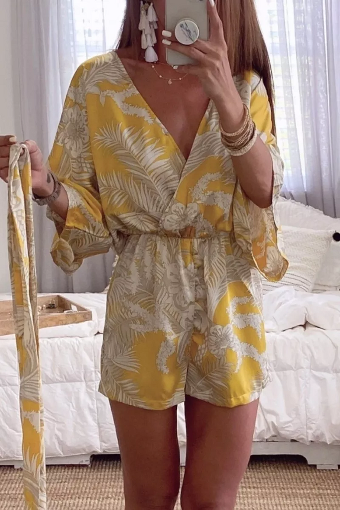 Meridress Wrap V Neck Leaf Print Batwing Romper