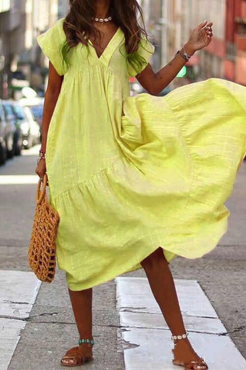 Meridress Ruched V Neck Short Sleeve Ruffle Dress