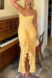 Meridress Spaghetti Strap Mesh Splice Draped Ruffle Maxi Dress