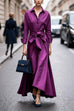 Meridress Lapel Long Sleeves Button Up Tie Waist Maxi Dress