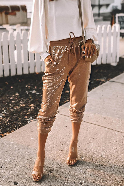 Drawstring Waist Pocketed Sequin Joggers