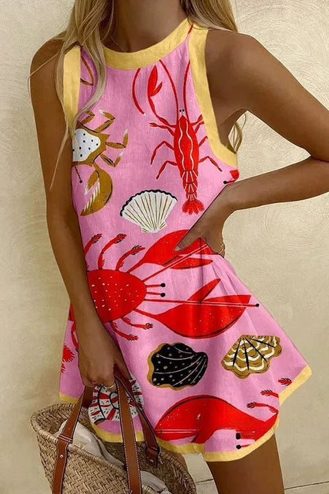 Meridress Sleeveless Marine Life Print Mini Beach Dress