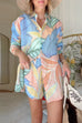 Meridress Unique Print Long Sleeves Button Up Shirt and Pocketed Shorts Linen Set