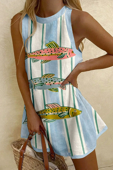 Meridress Sleeveless Fish Print Striped Casual Mini Dress