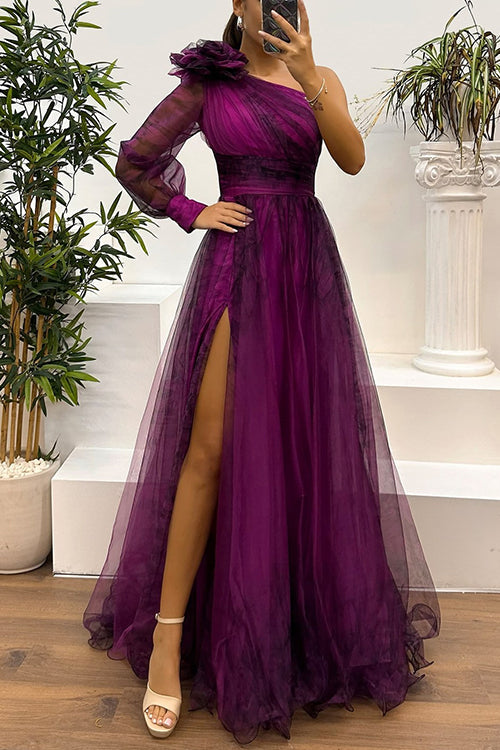 Meridress One Shoulder Long Sleeve High Waist Printed Mesh Slit Maxi Dress