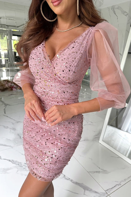 Meridress V Neck Ruched Mesh Sequin Bodycon Mini Dress