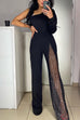 Meridress One Shoulder Long Sleeve Patchwork Wide Leg Jumpsuit